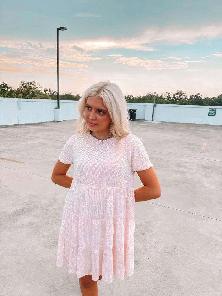 Pink sequin Disco Doll dress, tiered mini dress for parties