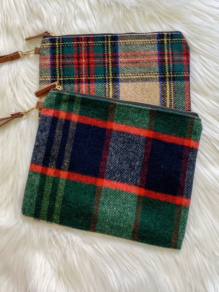 Cross The Line Clutch: Plaid wool clutch in green, red, and navy with gold zipper.