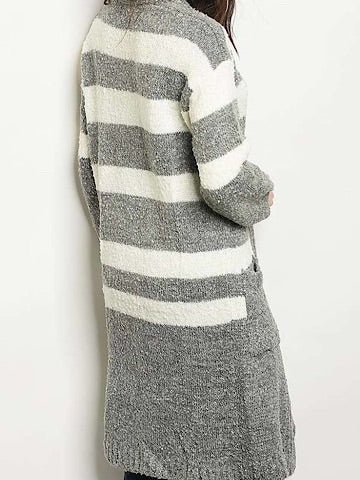 Gray and white striped long cardigan sweater with pockets.