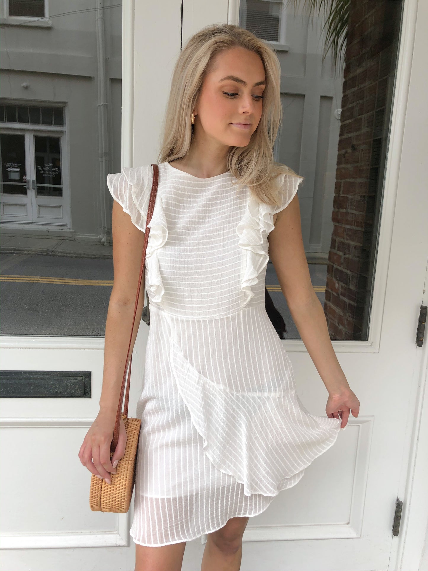 White Sweet Bliss ruffle mini dress with thin stripes