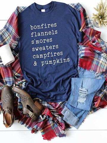 Navy blue Bonfires Tee featuring bonfire, flannels, s'mores, sweaters, campfires & pumpkins design.
