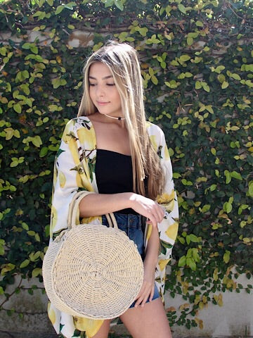 Lemon Kimono & straw round handbag