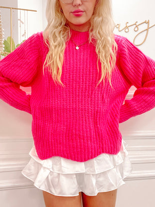 Hot pink Sweet Scallop Sweater, chunky knit, relaxed fit