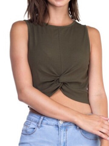 Olive green sleeveless crop top with a knotted front detail.