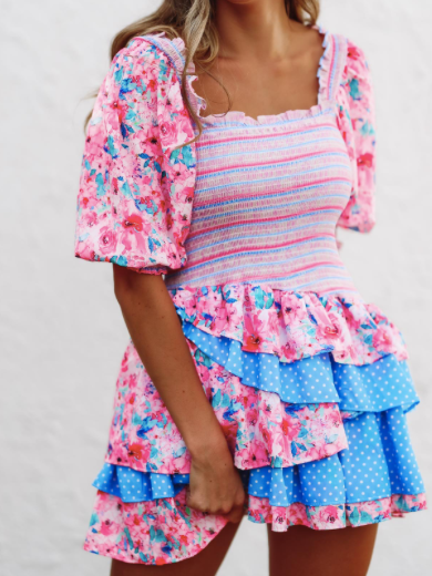 La La Fancy Dress: Pink & blue floral mini dress with tiered ruffle skirt and puff sleeves.