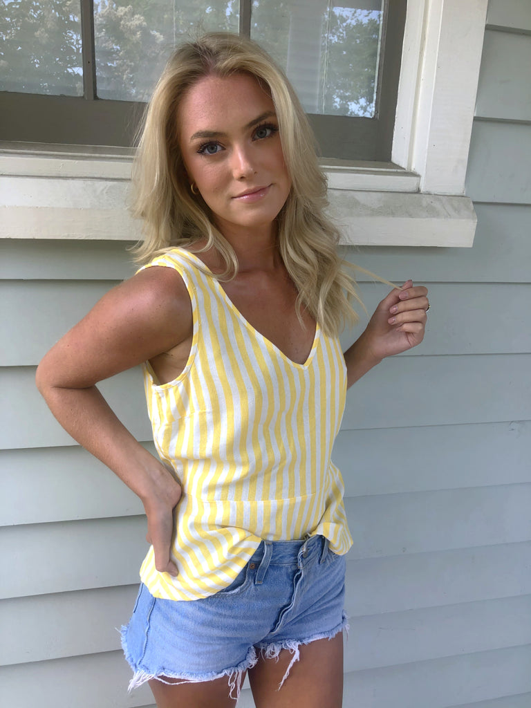 Yellow and white striped linen tank top