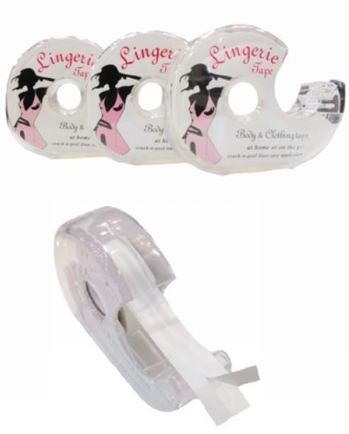 Lingerie Tape: Clear dispenser with white body & clothing tape; for at-home or on-the-go use.