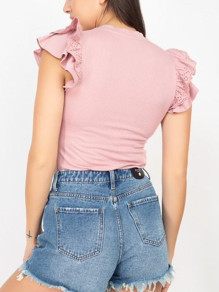 Dusty rose ribbed top with ruffled eyelet sleeves, shown from the back.