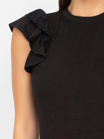 Black ribbed knit top featuring ruffled eyelet sleeves.