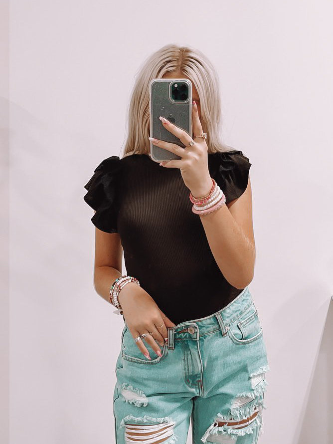 Black Londyn Top: Ribbed, ruffle-sleeve bodysuit