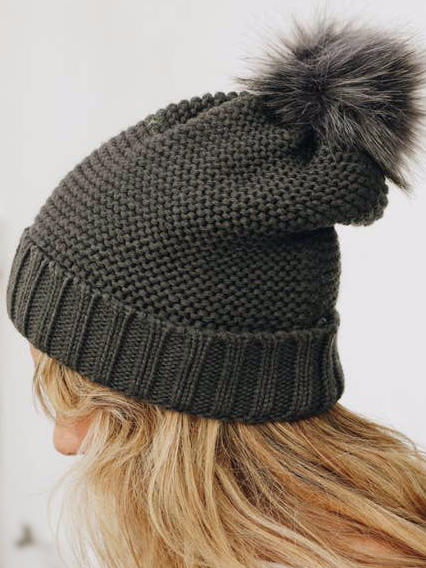 Olive No Bad Days beanie with a fluffy pompom