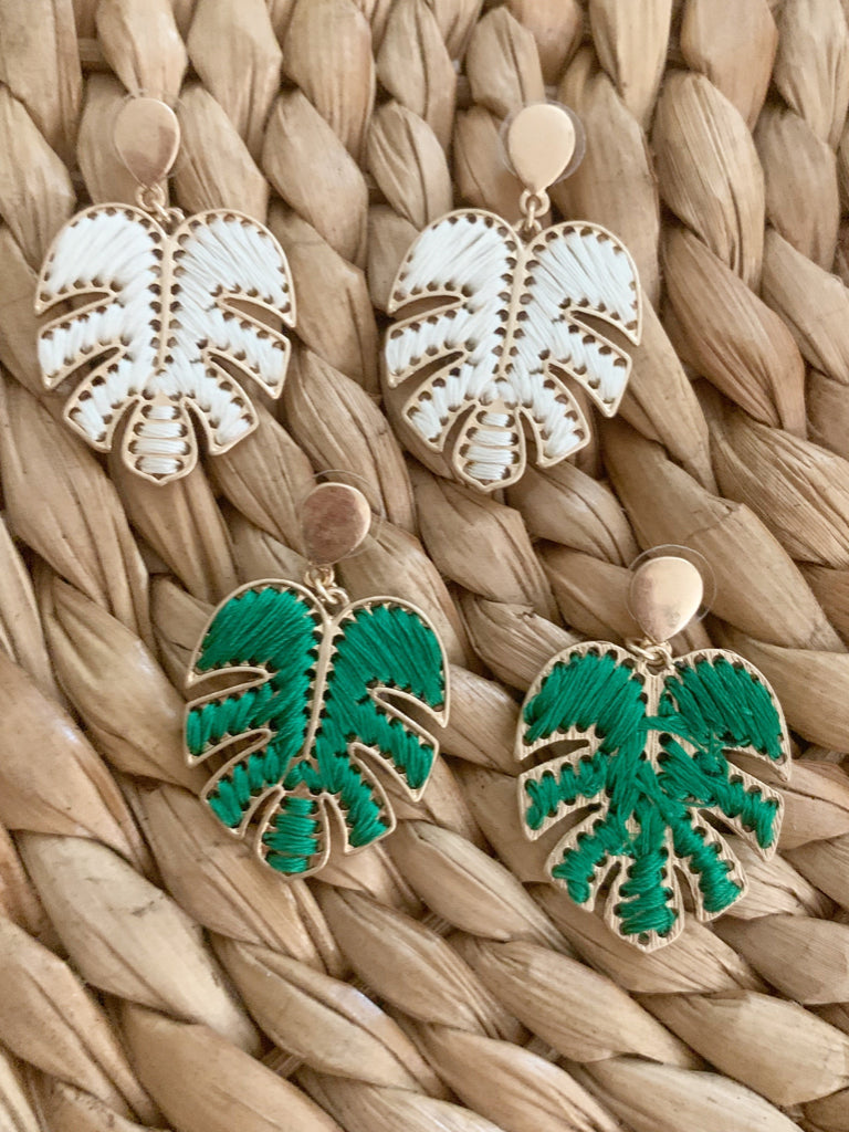 Palm Tropic embroidered monstera leaf earrings; gold tone, white & green thread.