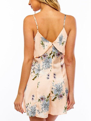 Peach floral-print satin romper, featuring a slip style and delicate back detailing.