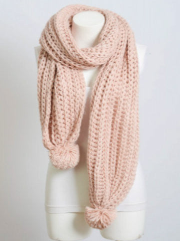 Pink knitted pom pom scarf, soft and cozy winter accessory