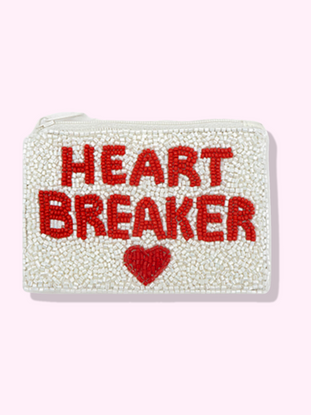 White beaded Heart Breaker pouch with red lettering and heart detail.
