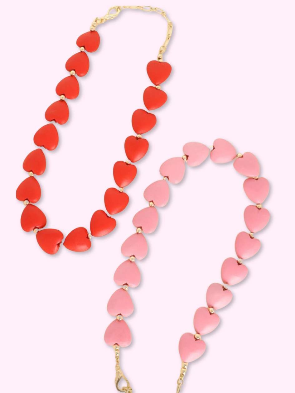 XOXO red & pink heart necklaces with gold chain

