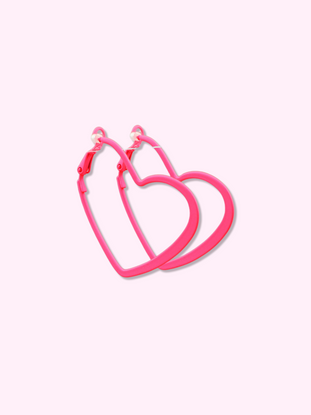 Neon pink heart-shaped hoop earrings
