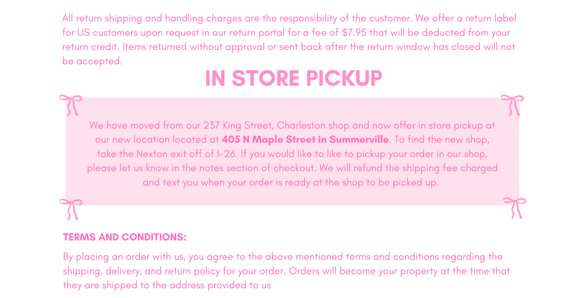 IN STORE PICKUP:
We have moved from our 237 King Street, Charleston shop and now offer in store pickup at our new location located at 405 N Maple Street in Summerville. To find the new shop, take the Nexton exit off of I-26.  If you would like to like to pickup your order in our shop, please let us know in the notes section of checkout. We will refund the shipping fee charged and text you when your order is ready at the shop to be picked up. 