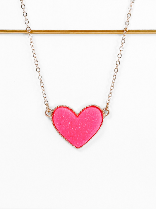 Pink sparkly heart necklace with rose gold chain
