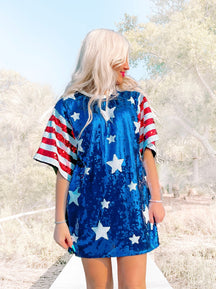 Sequin Flag Day dress, blue with red & white stripes, stars.
