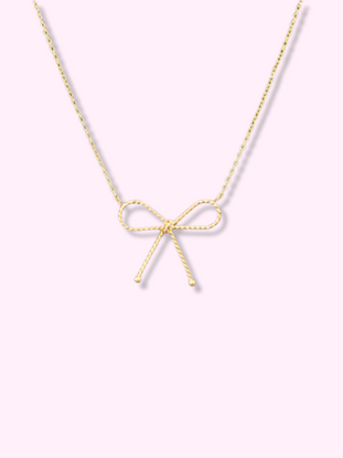 Gold bow necklace with twisted rope design
