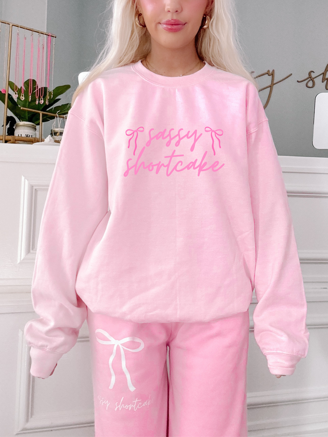 sassy script pink bow crewneck