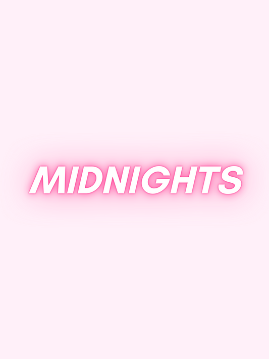 Midnights Era: Pink neon-style text on a light pink background.
