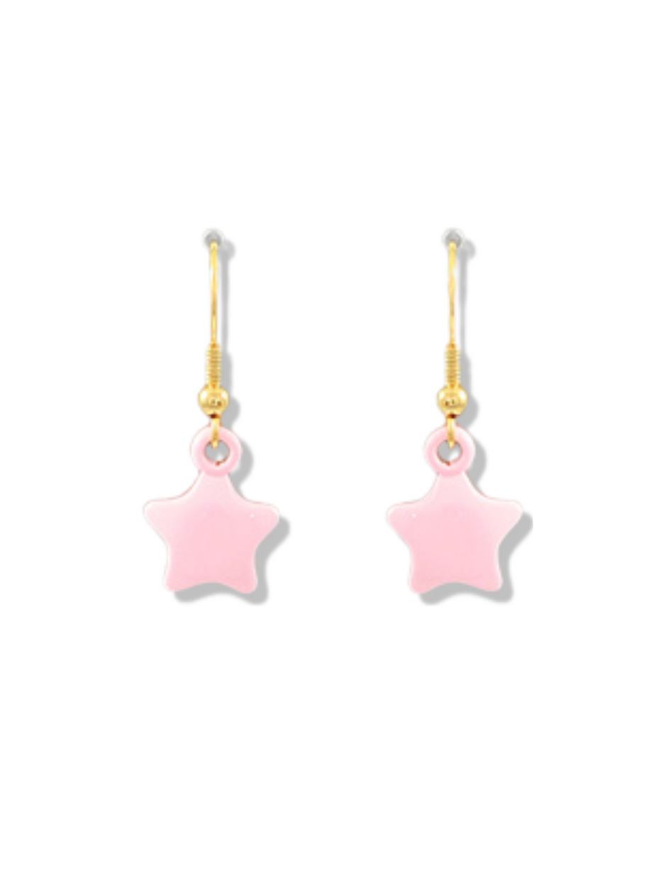 Pair of dainty pink star earrings with gold hooks.
