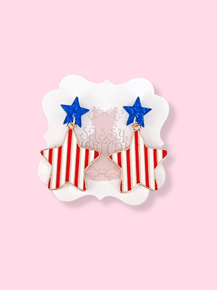 Liberty Star earrings: Red & white striped star dangle earrings with blue star accents.
