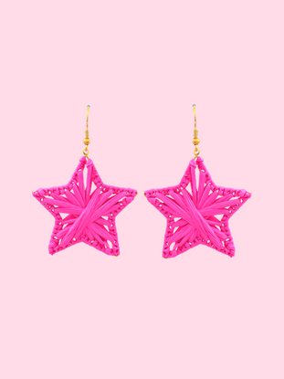Woven star earrings in hot pink with gold hooks.
