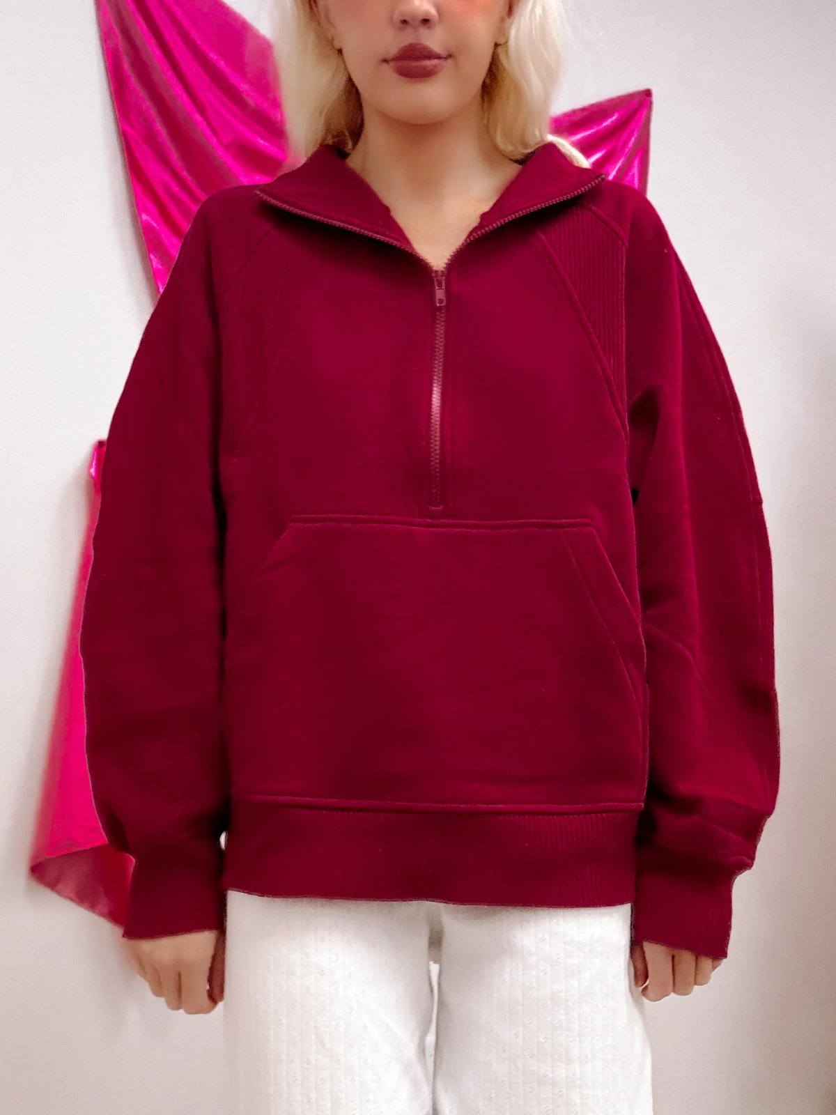 model wearing a burgundy pullover from sassy shortcake