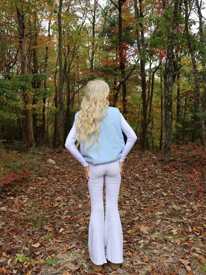 Alpine Air Vest - Sassy Shortcake - back view of light blue vest outdoor fall outfit