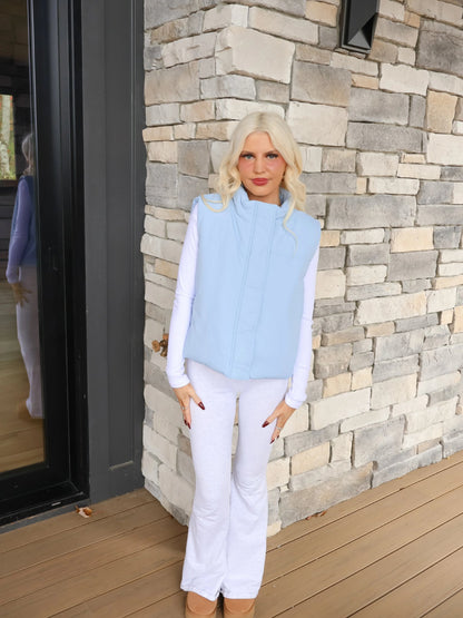 Alpine Air Vest - Sassy Shortcake - light blue vest front view styled with white pants