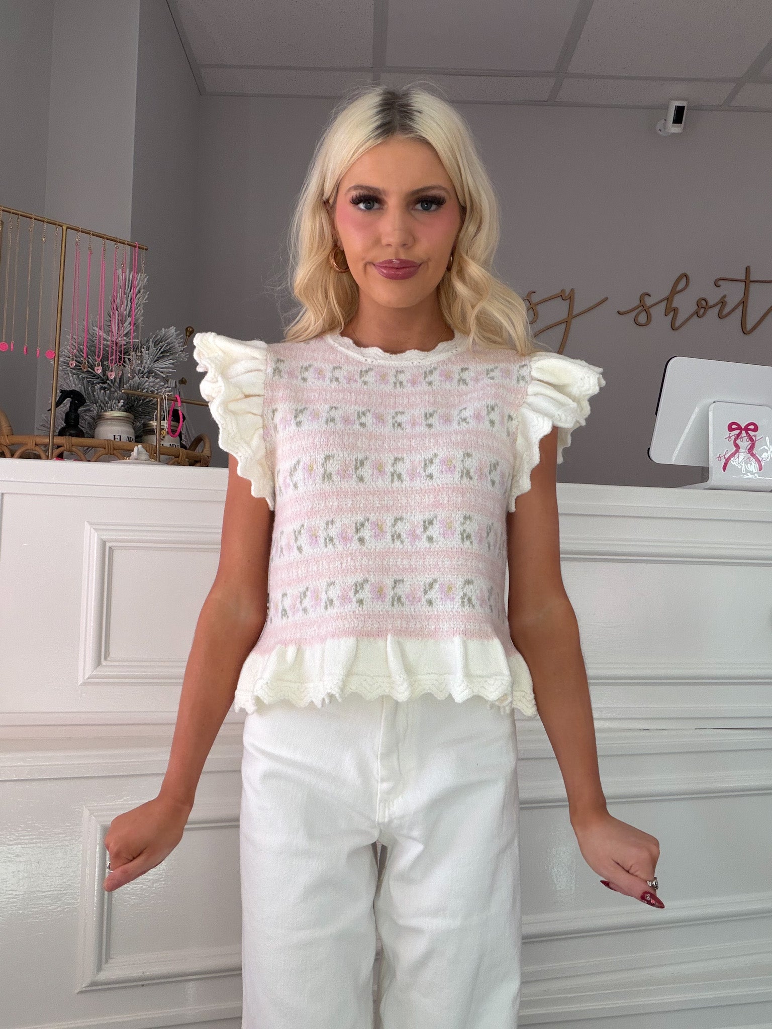 April Ruffle Knit Top | Scallop Edge Floral Top | Sassy Shortcake