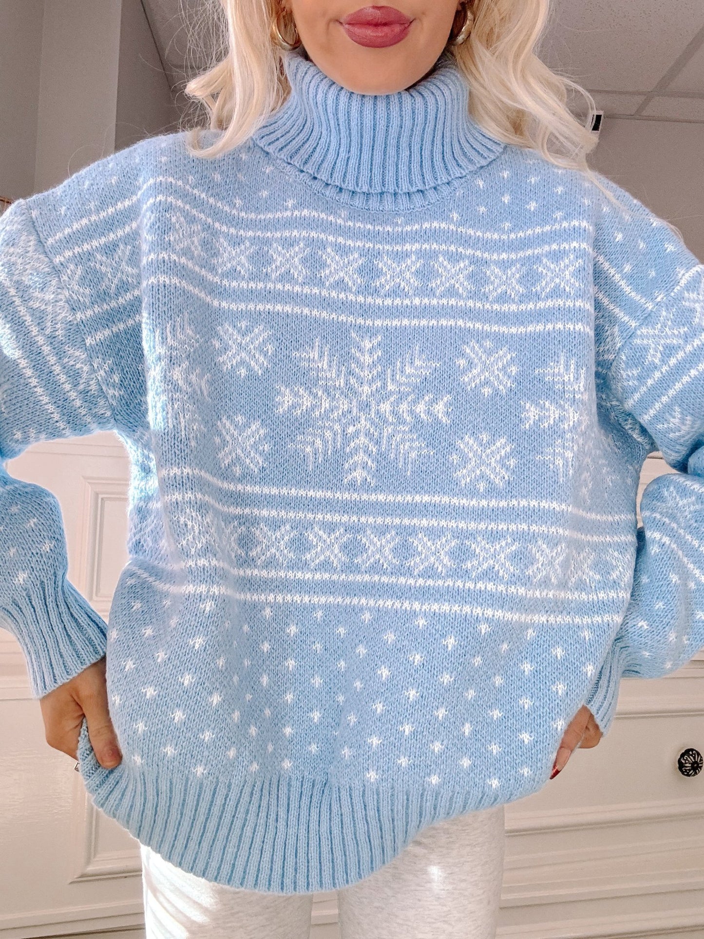 Aspen Heights Sweater - Sassy Shortcake - close-up detail of light blue Fair Isle snowflake knit pattern