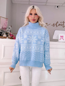 Aspen Heights Sweater - Sassy Shortcake - light blue Fair Isle sweater front view on model