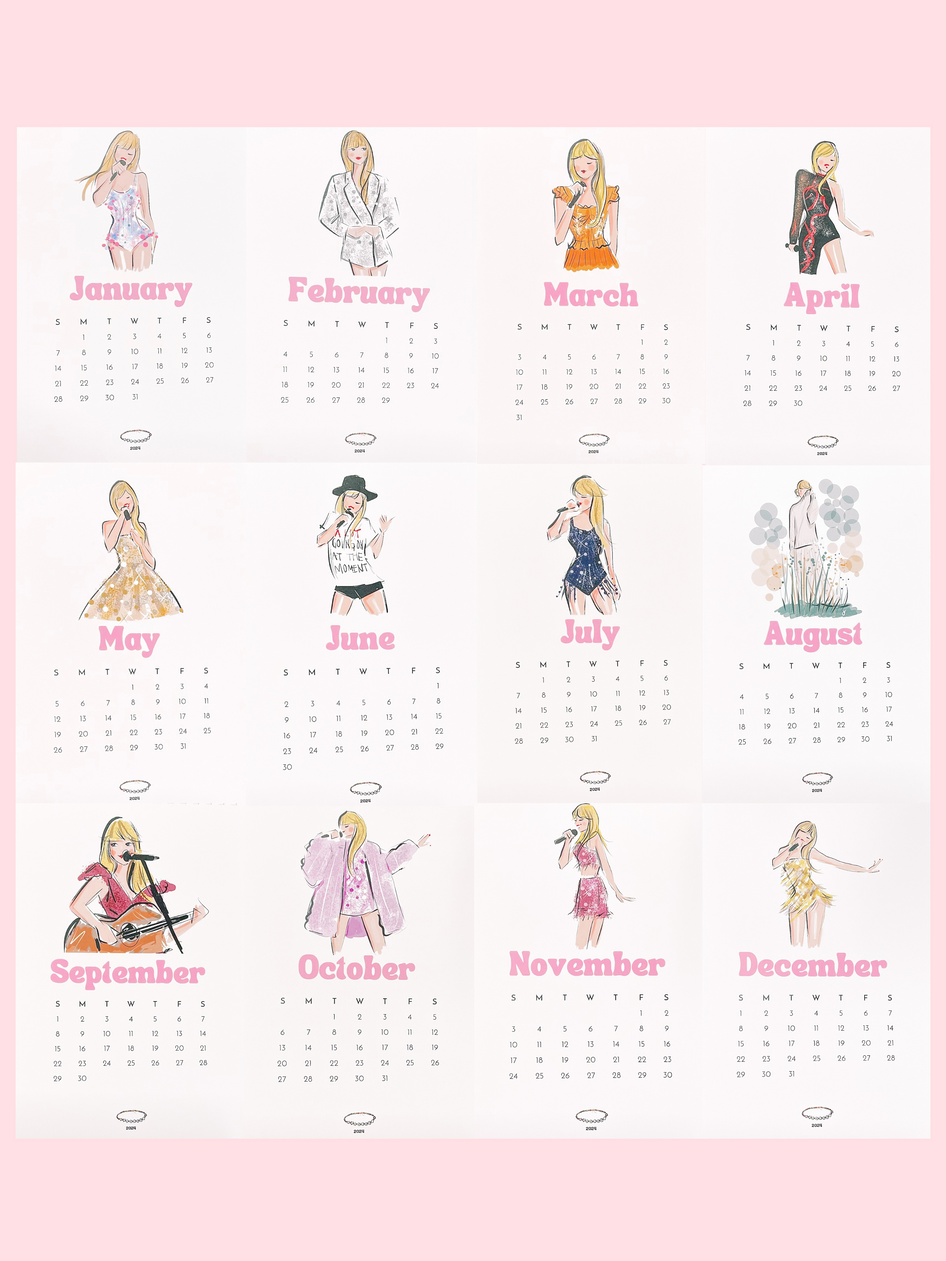 2024 calendar featuring monthly artist illustrations;  each month showcases a different hand-drawn design.
