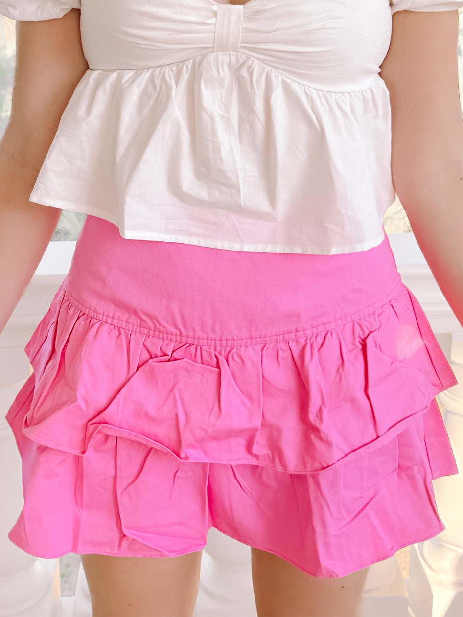 Pink Denim Darling skirt with double ruffle detailing
