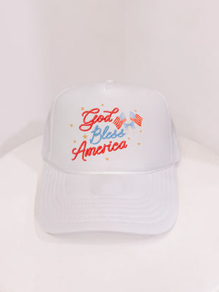 White "God Bless America" trucker hat with red, white, and blue embroidered design.
