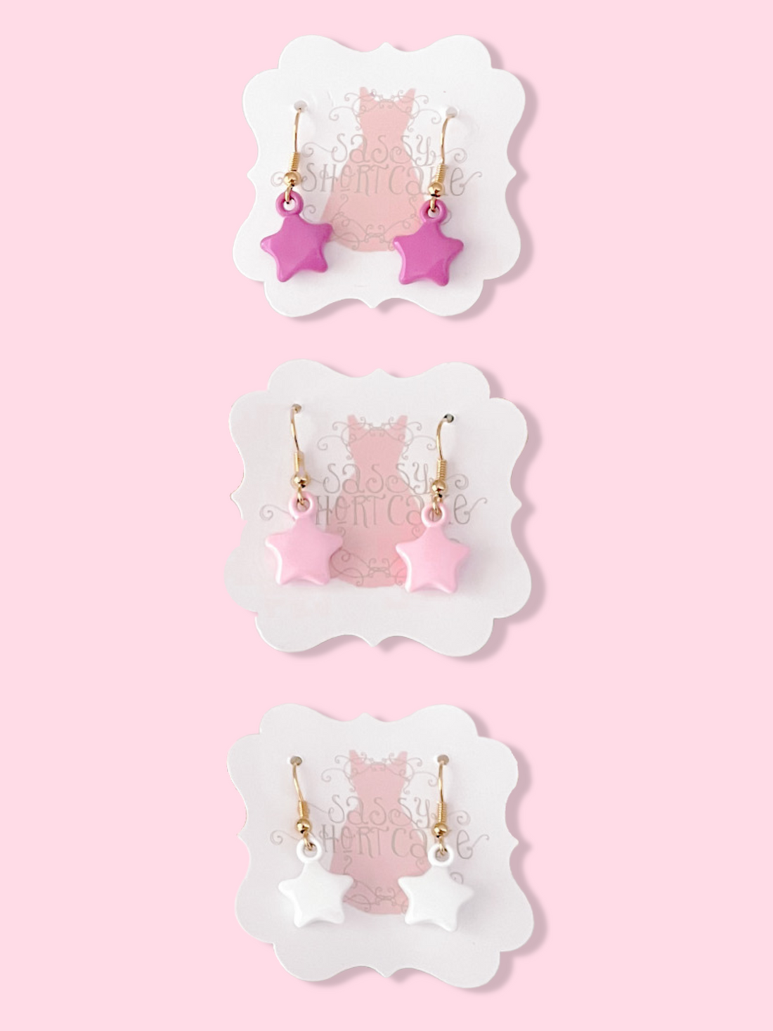 Glazed Star earrings in pink, light pink, & white; gold hooks.
