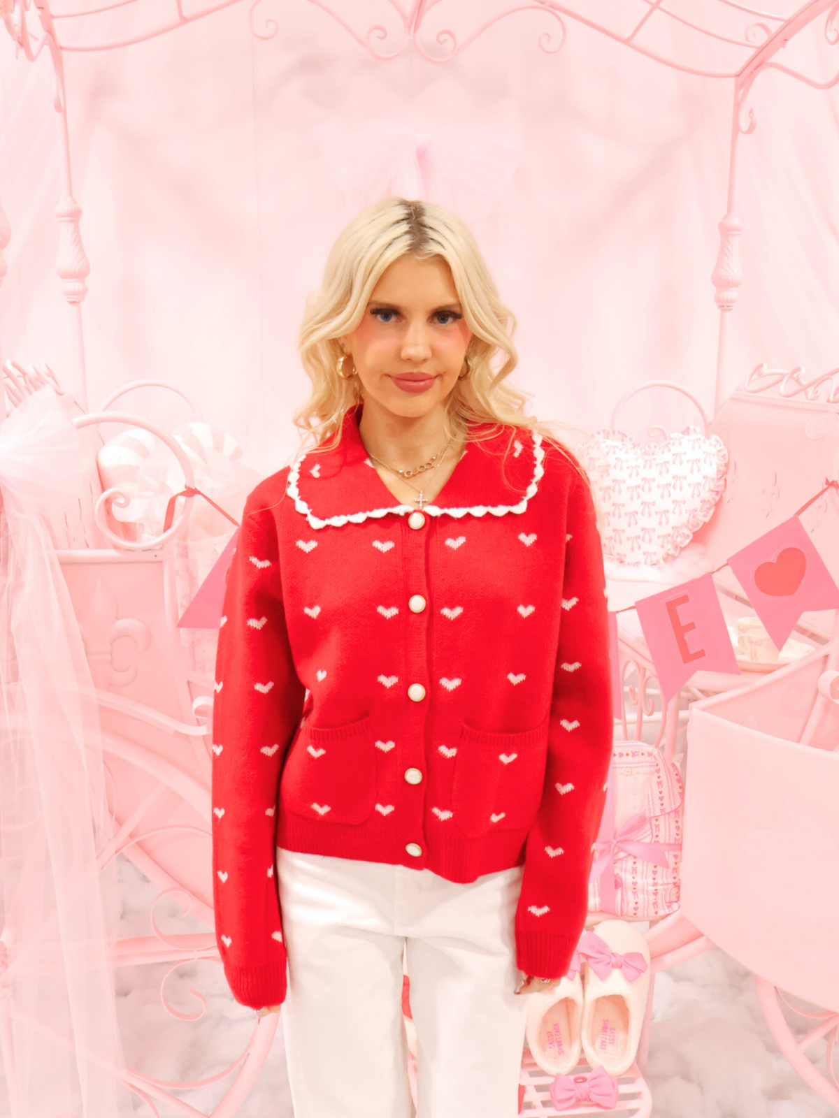 Cupids Collar Red Cardigan from Sassy Shortcake – red heart cardigan with scalloped white collar front view