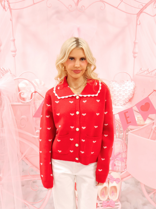 Cupids Collar Red Cardigan from Sassy Shortcake – red heart cardigan with scalloped white collar front view