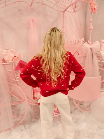 Cupids Collar Red Cardigan from Sassy Shortcake – back view of red cardigan with heart print and cozy fit