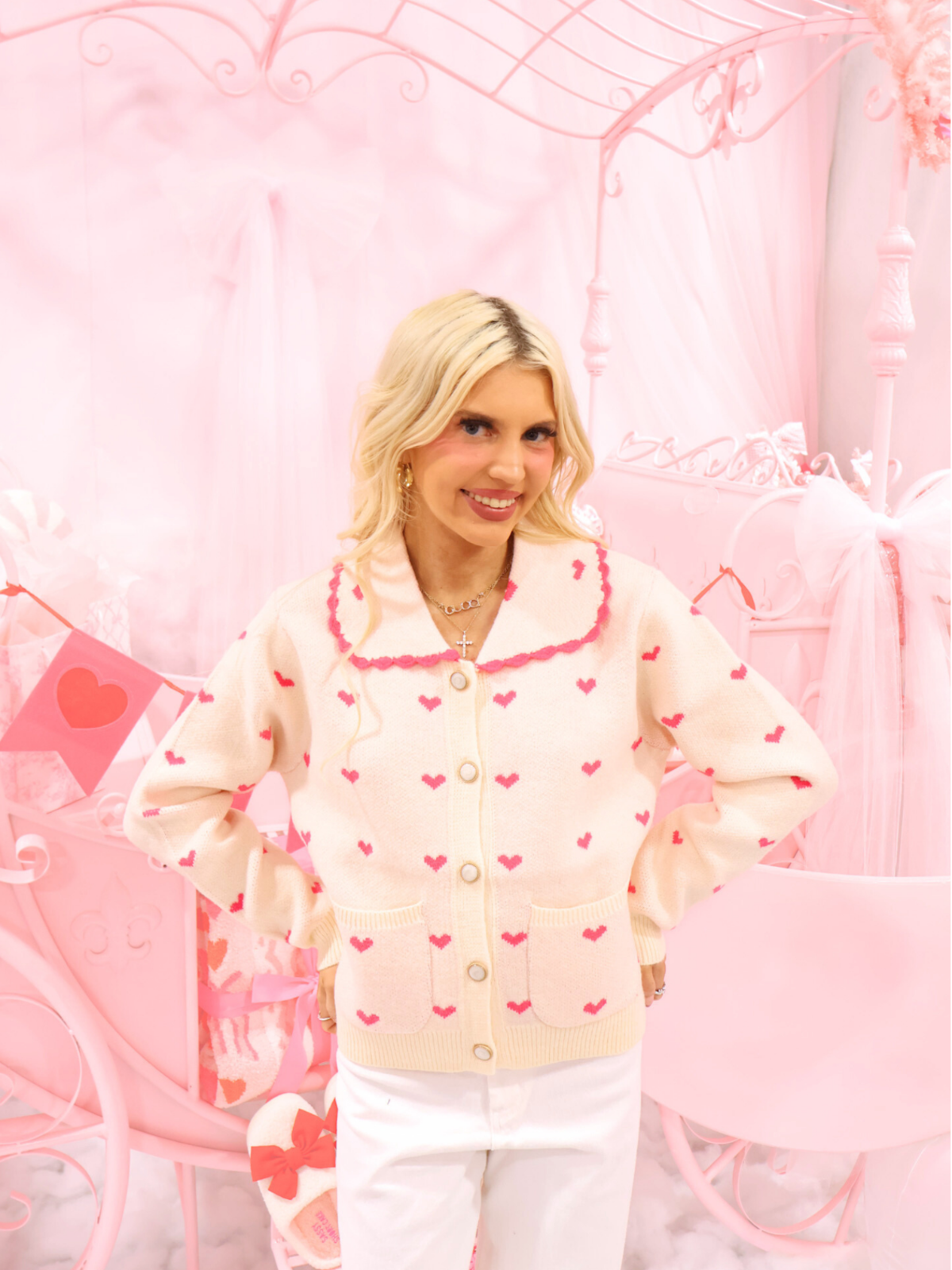 Cupids Collar Ivory Cardigan from Sassy Shortcake – ivory cardigan with red hearts and scalloped collar front view