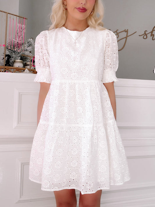 Eliza Eyelet Dress white embroidered eyelet dress front view Sassy Shortcake