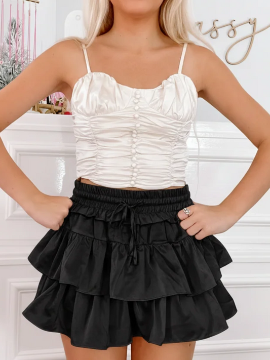 Cream Frill Yeah Top and tiered ruffle mini skirt from Sassy Shortcake