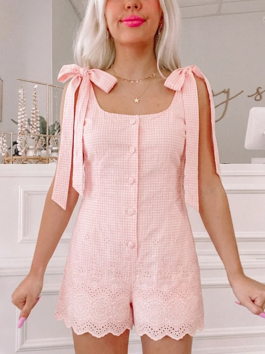Gingham and Lace Tie Romper from Sassy Shortcake with eyelet details 