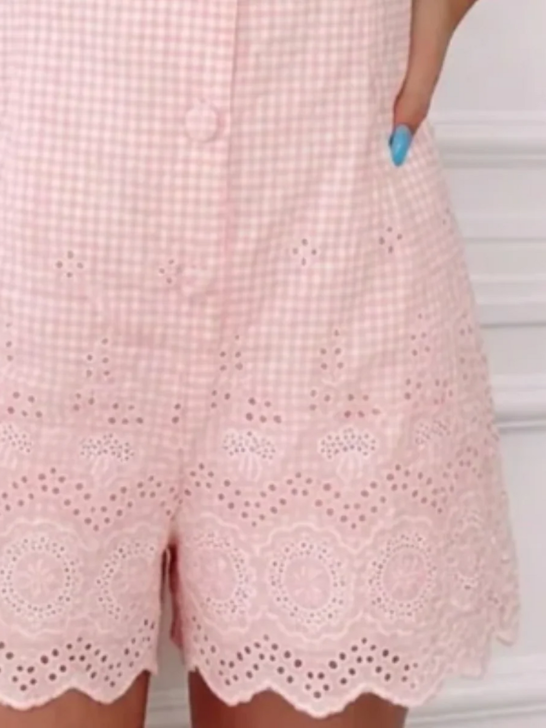Gingham Lace Romper Sassy Shortcake Close Up
