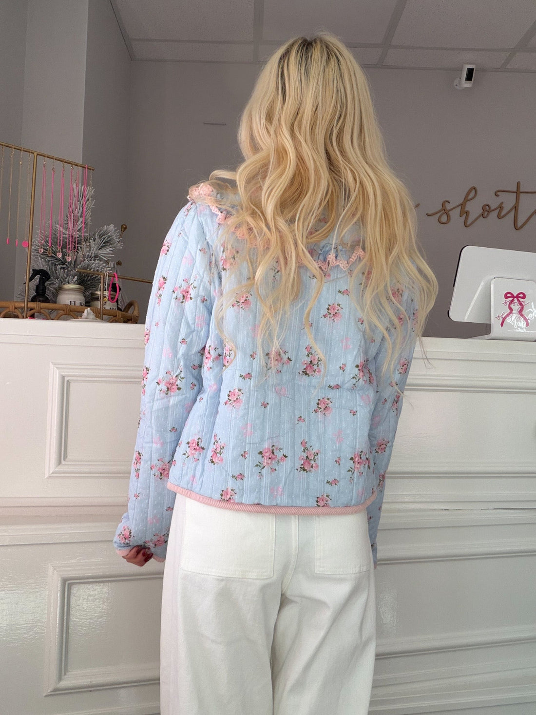 Back view of Heirloom Bloom Jacket by Sassy Shortcake in light blue floral print