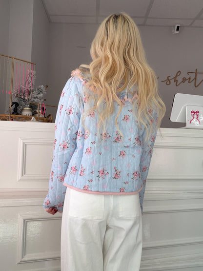 Back view of Heirloom Bloom Jacket by Sassy Shortcake in light blue floral print